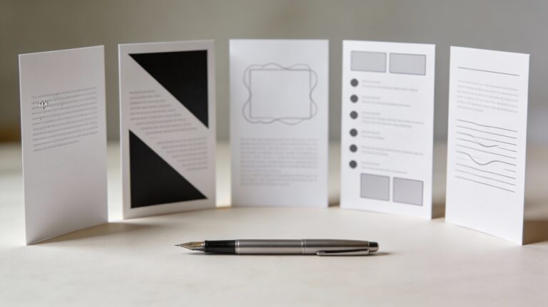 A realistic, softly lit tabletop scene featuring five upright sheets of paper arranged in a gentle arc. Each page has a different layout: one minimal and clean, one with bold angled blocks, one with softer framed sections, one with bullet-like and diagram shapes, and one with more playful, varied line spacing, all using blurred grey lines instead of readable text. A fountain pen rests in front of the pages, with a shallow depth of field keeping the varied designs sharp while the neutral background falls slightly out of focus, emphasizing the contrast between the different writing styles.