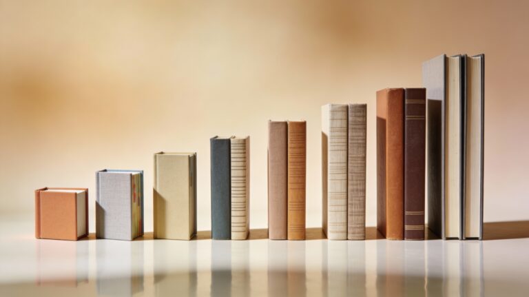 A realistic studio-style row of upright books arranged from smallest to largest on a soft, reflective neutral surface. On the left are short, chunky volumes resembling children’s and picture books, progressing through mid-sized trade paperbacks and hardcovers, and ending on the right with tall, wide coffee table–style books. Each book has a textured, solid-color or subtly patterned cover with no readable titles or images, lit by gentle side lighting that emphasizes their different heights, widths, and thicknesses.