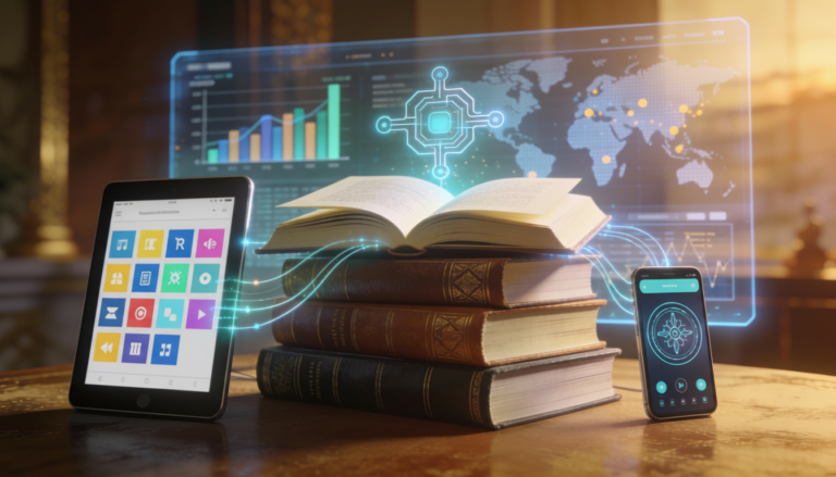 A cinematic, slightly vintage publishing hub with a central stack of elegant hardback books illuminated by warm golden-hour light. Around the books float glowing digital elements: a tablet showing an abstract eBook grid, a smartphone with a simplified audio‑player interface, and subtle AI‑style circuit icons, all connected by soft blue and teal light trails. In the background, a translucent holographic screen displays blurred graphs and world-map dots, suggesting analytics and global digital trends while keeping the focus on the blend of print books and modern technology.