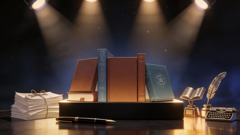 A realistic awards-stage scene with a low black platform set against a dark, softly lit backdrop. On the platform sits a cluster of about ten elegant books in different sizes and colors, each with textured, text‑free covers that hint at varied genres. Around them are literature-themed trophies shaped like open books and feather quills, along with a neatly tied stack of manuscript pages and a classic fountain pen, all illuminated by warm spotlights that create dramatic highlights and reflections.
