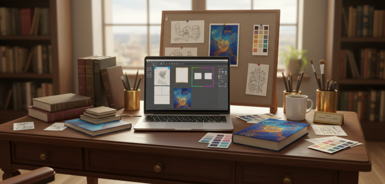 book cover design desk with elements of design and an open computer showcasing the book cover design process