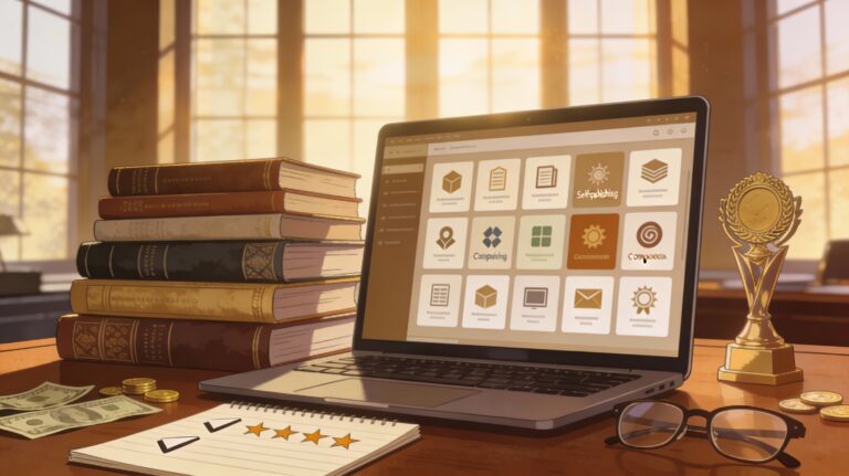 A cinematic, slightly vintage author office scene with a rich wooden desk in front of tall window panes at golden hour. On the desk, an open laptop displays a grid of abstract colored tiles suggesting different self‑publishing platforms, next to a neat stack of hardback and paperback books with elegant covers. A notepad with simple checkmark and star icons, a gold trophy, scattered dollar bills and coins, and a pair of reading glasses emphasize comparison, investment, and successful book publishing in a premium, professional setting.