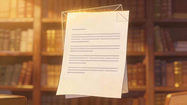 A single, large sheet of paper styled like a query letter stands centered against a softly blurred backdrop of warm, golden-brown bookshelves. The page shows neat margins and grey text lines without readable words, with a subtle golden glow around its edges and a faint envelope outline behind it, creating a clean, cinematic focus on the query letter itself.