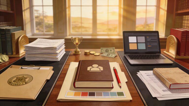 polished, cinematic, slightly vintage style set in a luxurious author’s office with books, gold accents, and subtle money motifs. On a rich wooden desk, show three distinct “paths” coming together